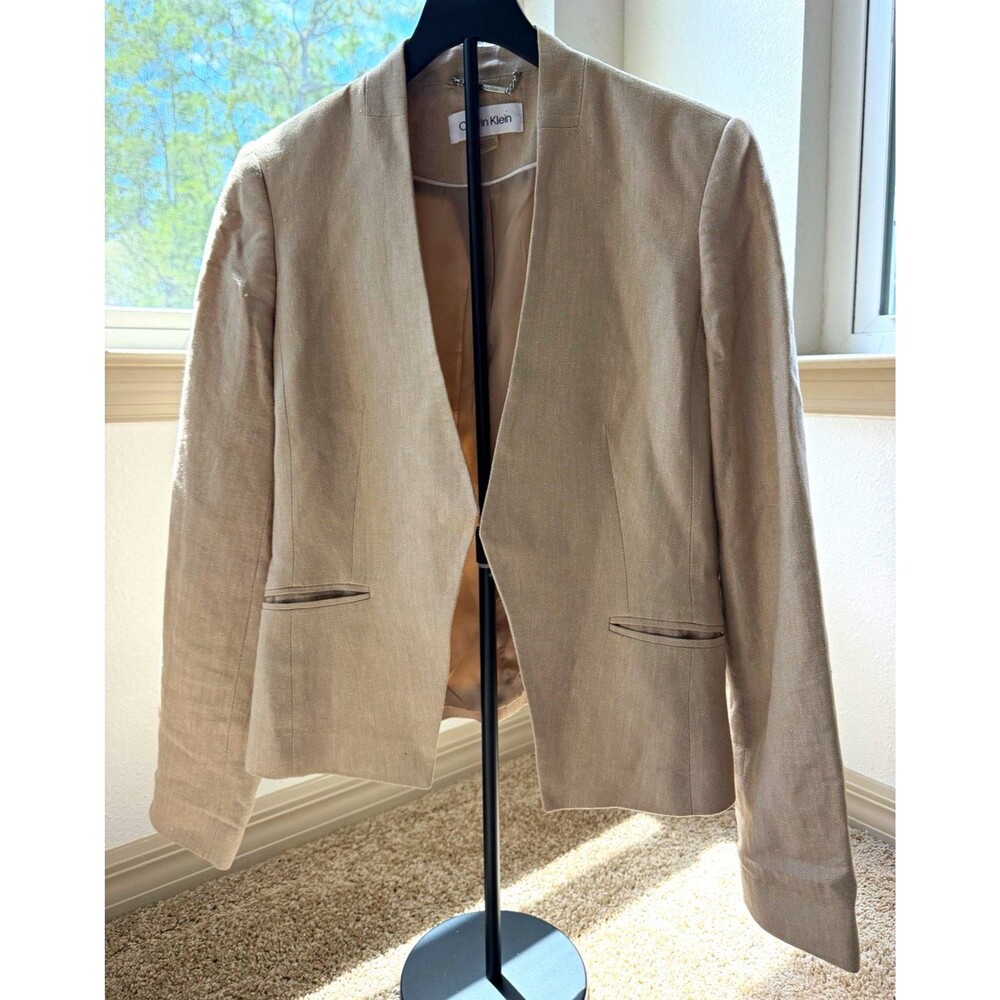 Calvin Klein Beige Linen Blazer Size 6 Open Front Shawl Lapel Lined